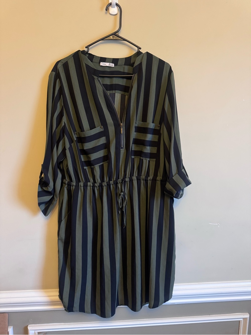 Dex Olive Green and Black Striped Midi Shirt Dress